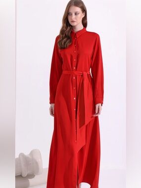NWT STORE WF Classic Red Button-Front Shirt Dress with Tie Waist